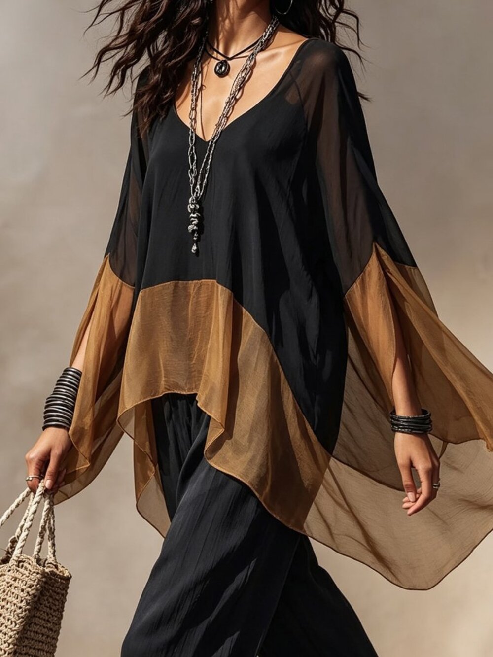 Multicolor Casual Women's Asymmetrical Deep V Split Sleeve T-Shirt